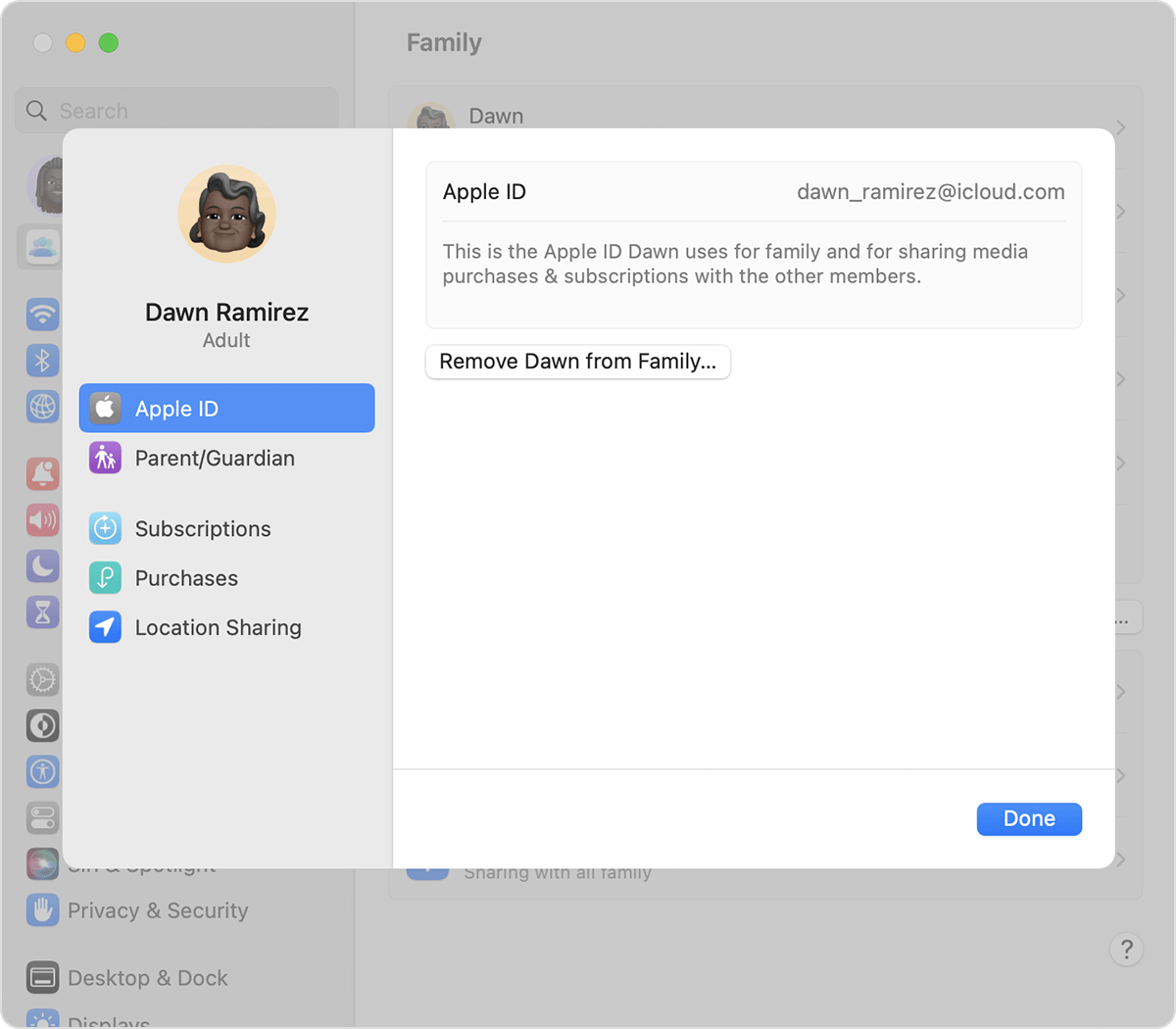 Remove [family member's name] from Family is located below their Apple ID.