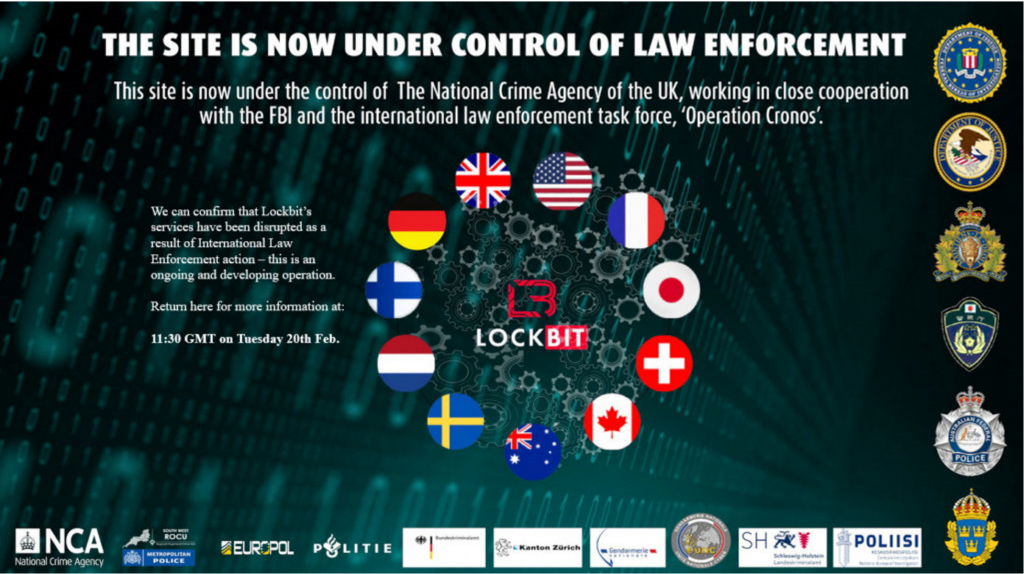 The LockBit website belonging to cybercriminals responsible for malware attacks under control of law enforcement